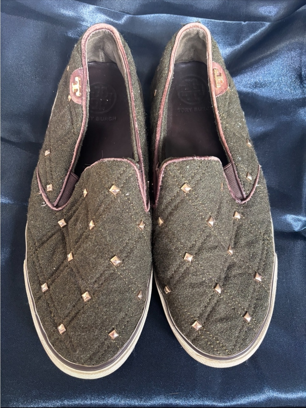 Tory Burch Olive Quilted Slip-On Sneakers with Gold Studs